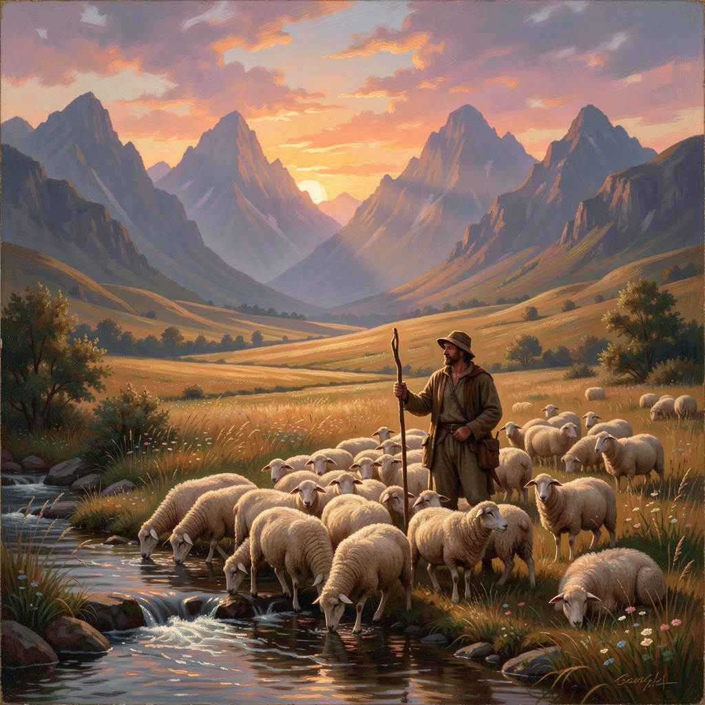 A shepherd and his flock crosses beneath a sky glowing behind distant mountains across a golden valley.