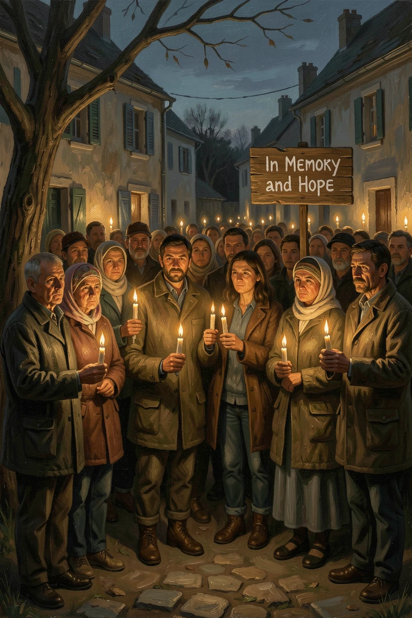 A community gathered in candlelight vigil, united in hope and remembrance, with the surrounding crowd or community sharing in the emotion, capturing a powerful moment of hope, resilience, and human triumph