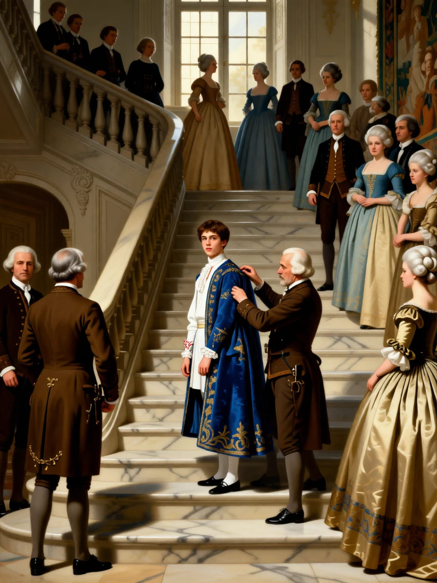 A young duke being fitted for his ceremonial coat by a tailor during a rare and cherished family gathering, set on the sweeping staircase of a grand estate, with liveried servants moving quietly among the guests; converging sightlines from the guests draw attention to the central gesture, radiating celebration, elegance, and social grace.