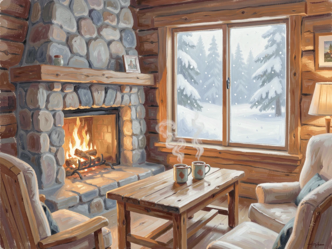A cozy ski lodge with a roaring fire, mugs of hot cocoa, and snow falling steadily outside the window, in the gentle hush of early morning.
