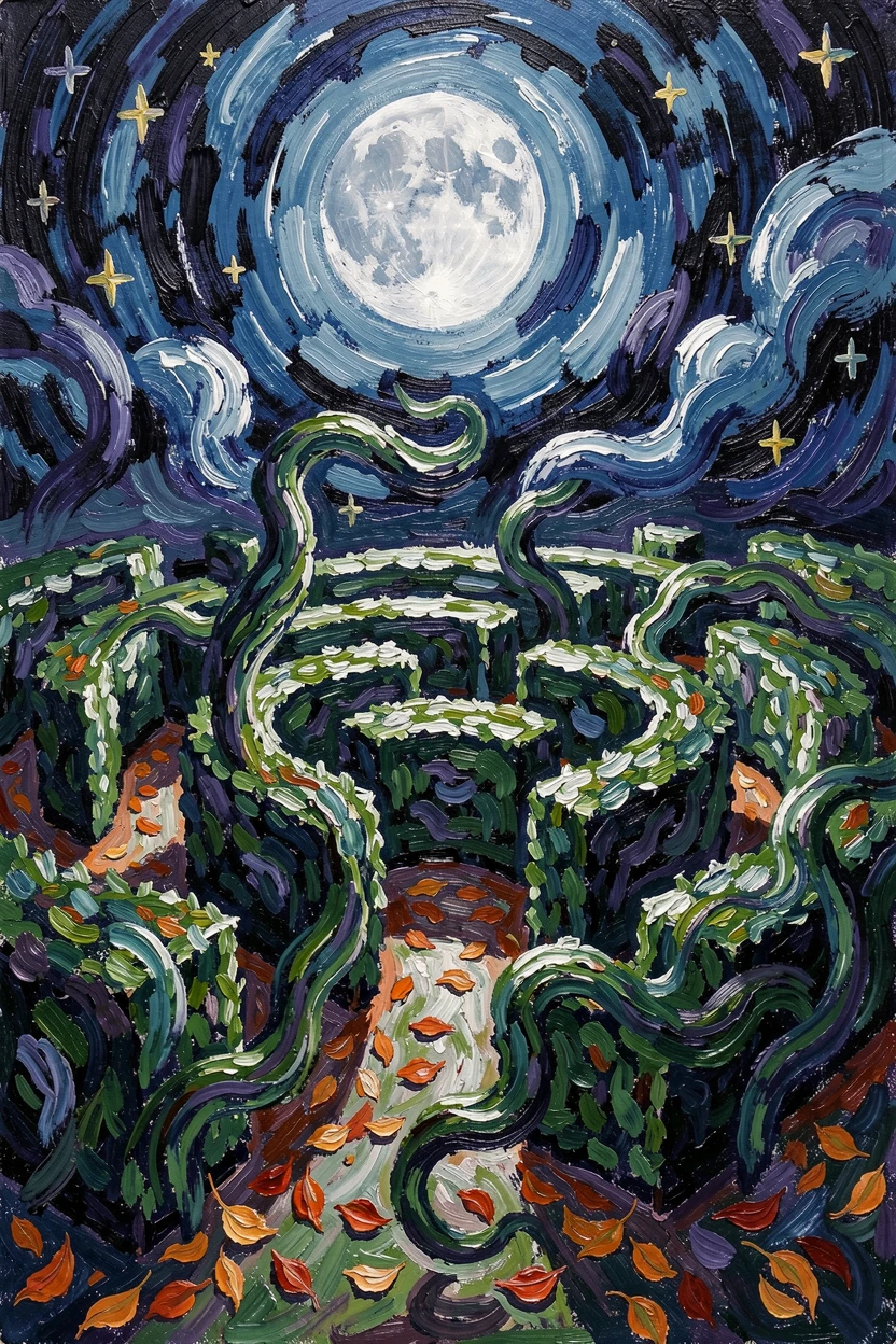 A garden maze where hedges shift and rearrange themselves under the light of the moon.