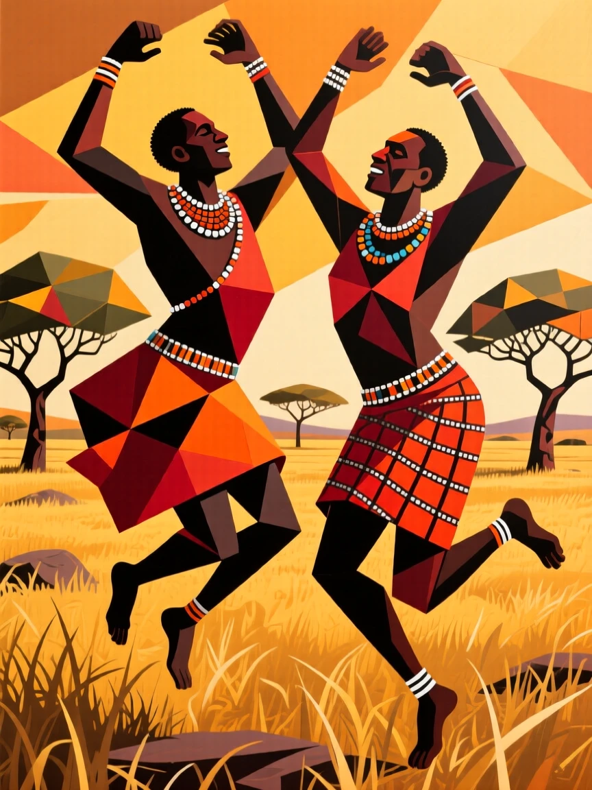 A traditional Maasai celebration with dancers leaping high against a golden savanna.