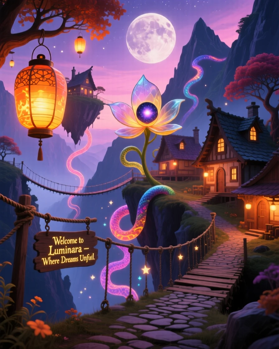 A mountain village connected entirely by rope bridges and lanterns glows warmly beneath a soft evening sky, as lantern light spills softly onto quiet cobblestone paths.