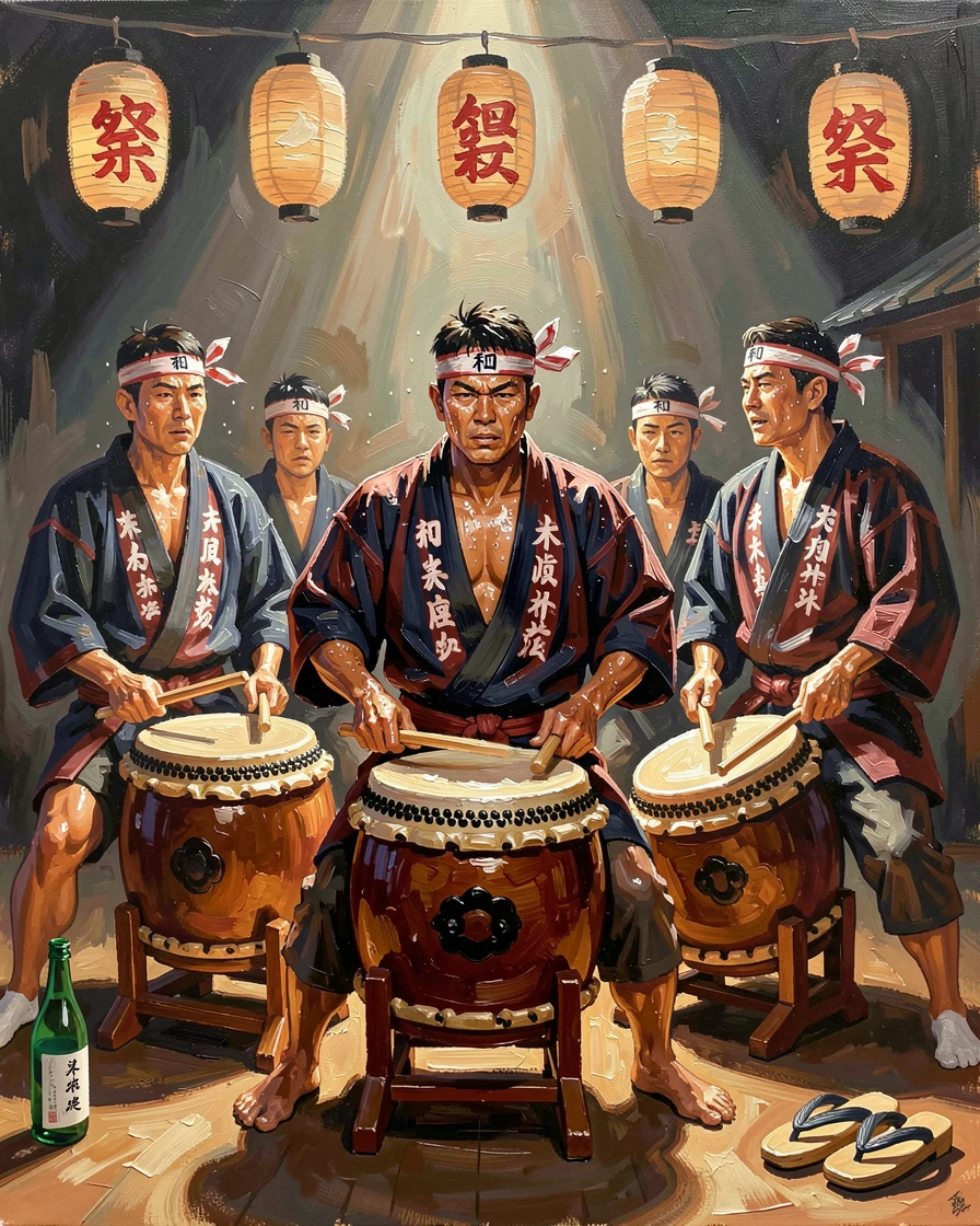 A traditional taiko drumming group performs with fierce synchronized movements, sweat glistening beneath dramatic stage lighting, small cultural details woven throughout the scene, grounding it in a specific time and place.