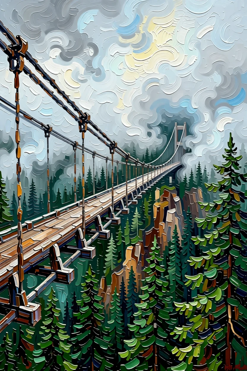 A dramatic suspension bridge disappearing into fog over a deep forested gorge