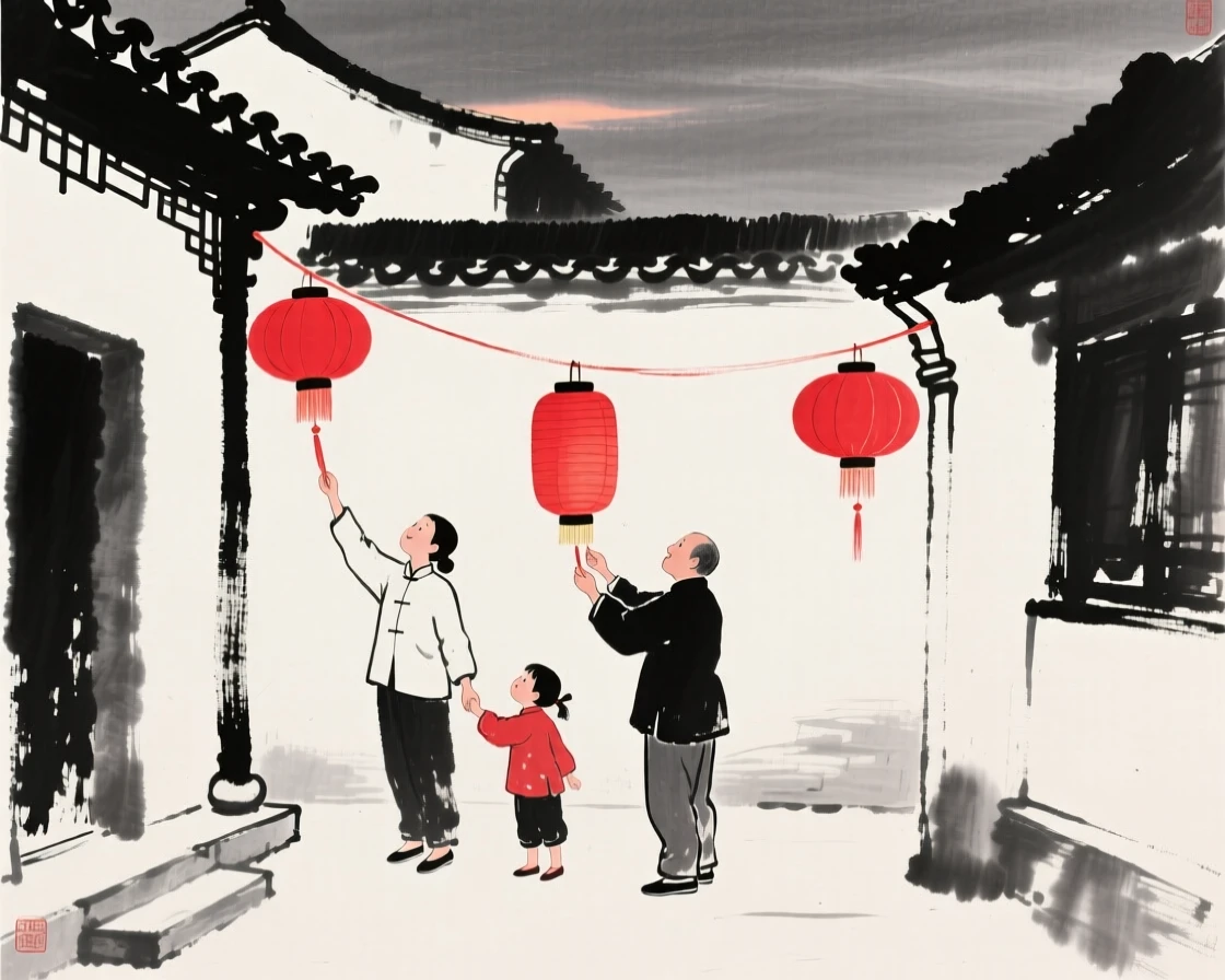 A family hangs red lanterns along the eaves of their courtyard home, beneath strings of red lanterns swaying gently overhead.