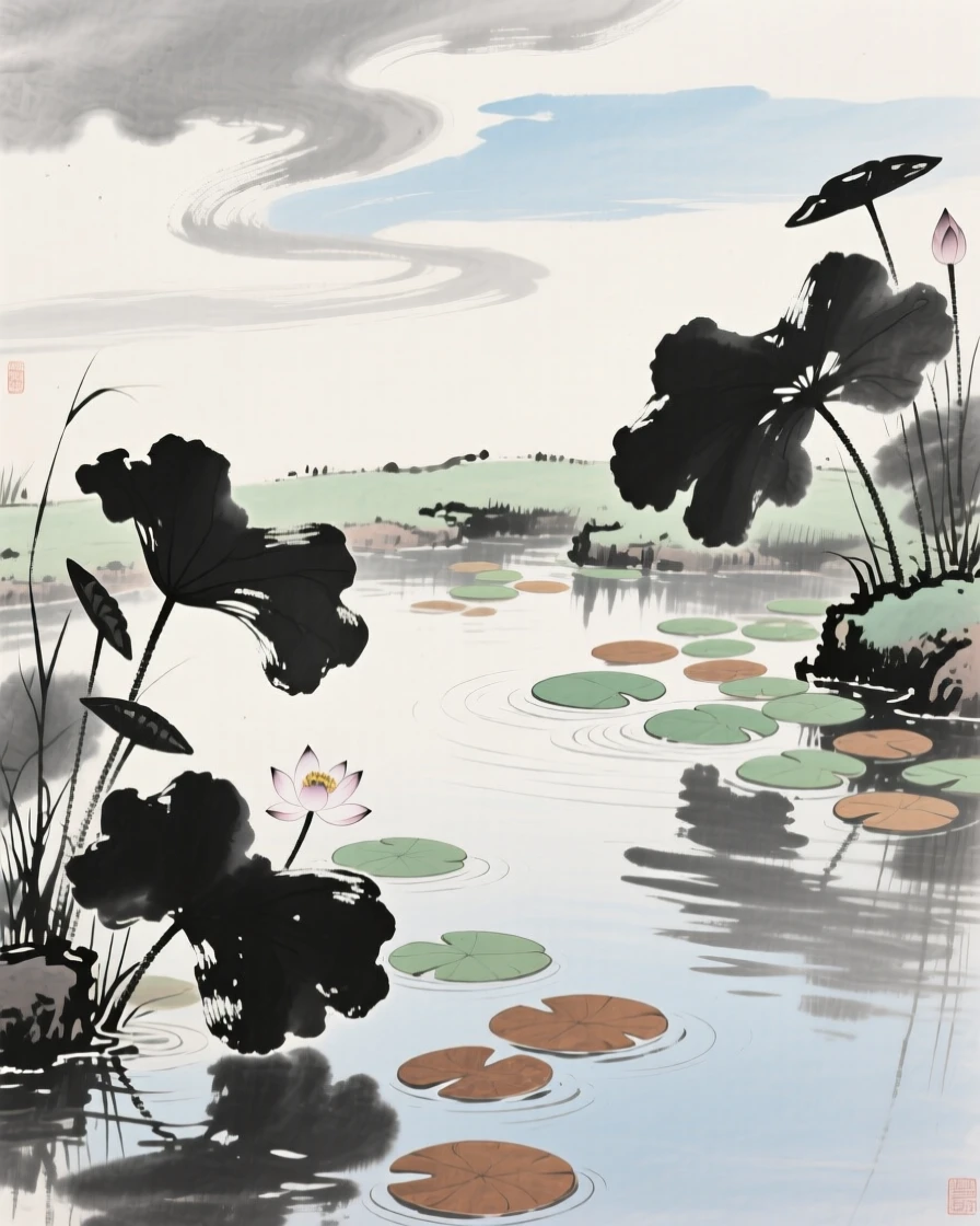 A tranquil garden pond dotted with lotus leaves, at midday, filled with tranquil stillness, under a sky streaked with clouds.
