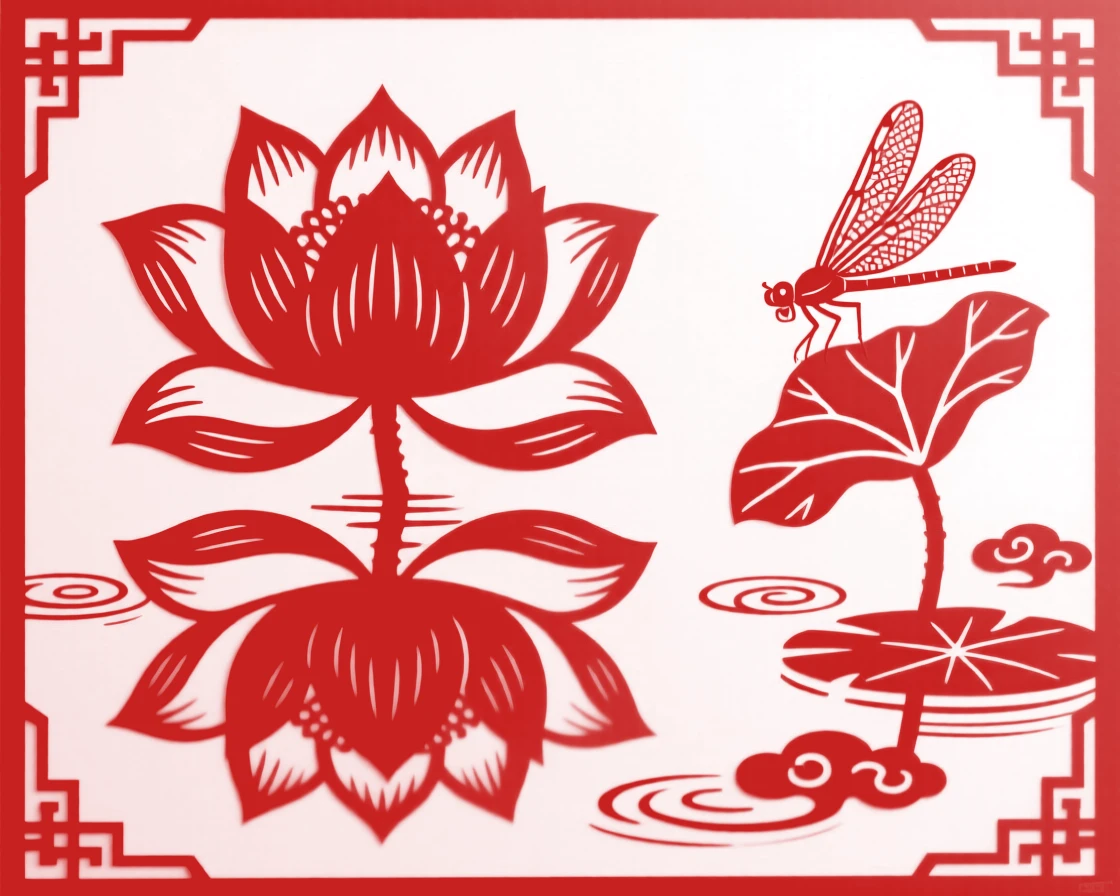 A single lotus bloom reflected in the still water of a garden pond, while a dragonfly rests on a single leaf.
