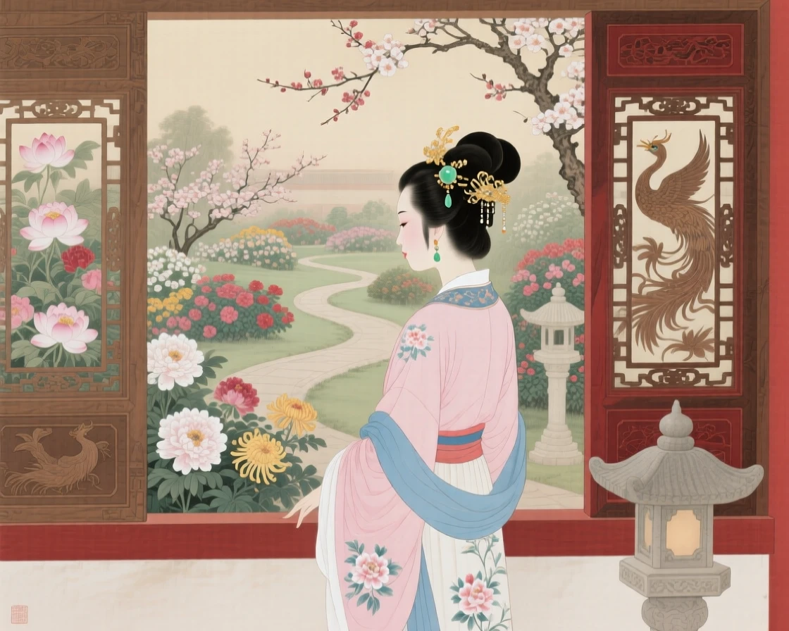 A princess looking out from a palace window over a blooming garden