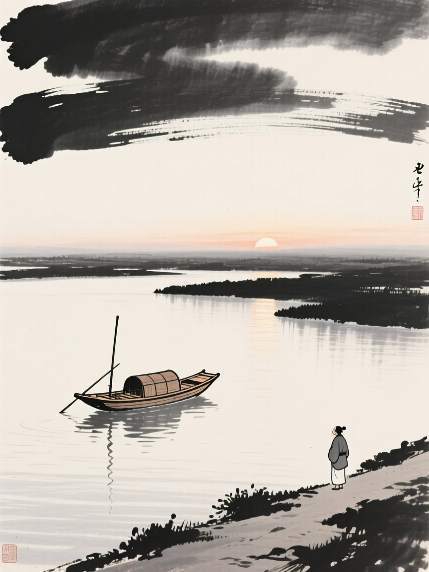 A lone wooden boat drifting on a still, glassy river in the stillness just before sunrise, composed with wide open space above to emphasize the scale of the sky, with a lone traveler pausing on the path to take in the view, evoking a deep sense of solitude and quiet grandeur.