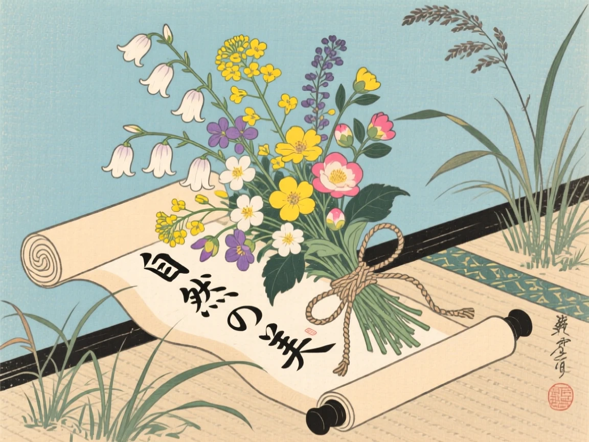 A bouquet of wildflowers tied with twine beside a half-finished scroll.