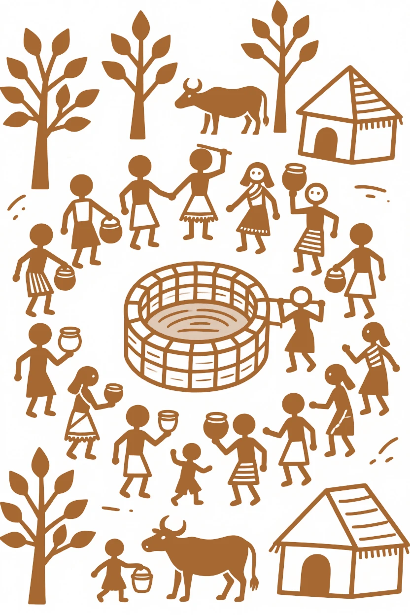 A gathering of the entire village drawn around a central well.