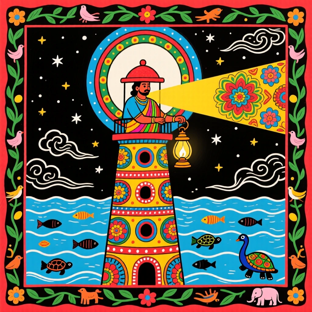 A lighthouse keeper watching over a calm sea beneath a rising moon.
