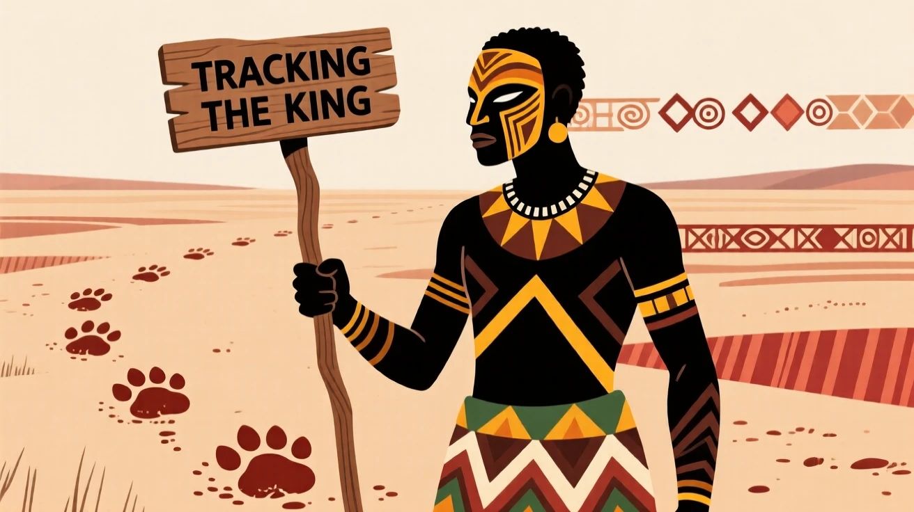 A safari guide tracking lion footprints across the plain.
