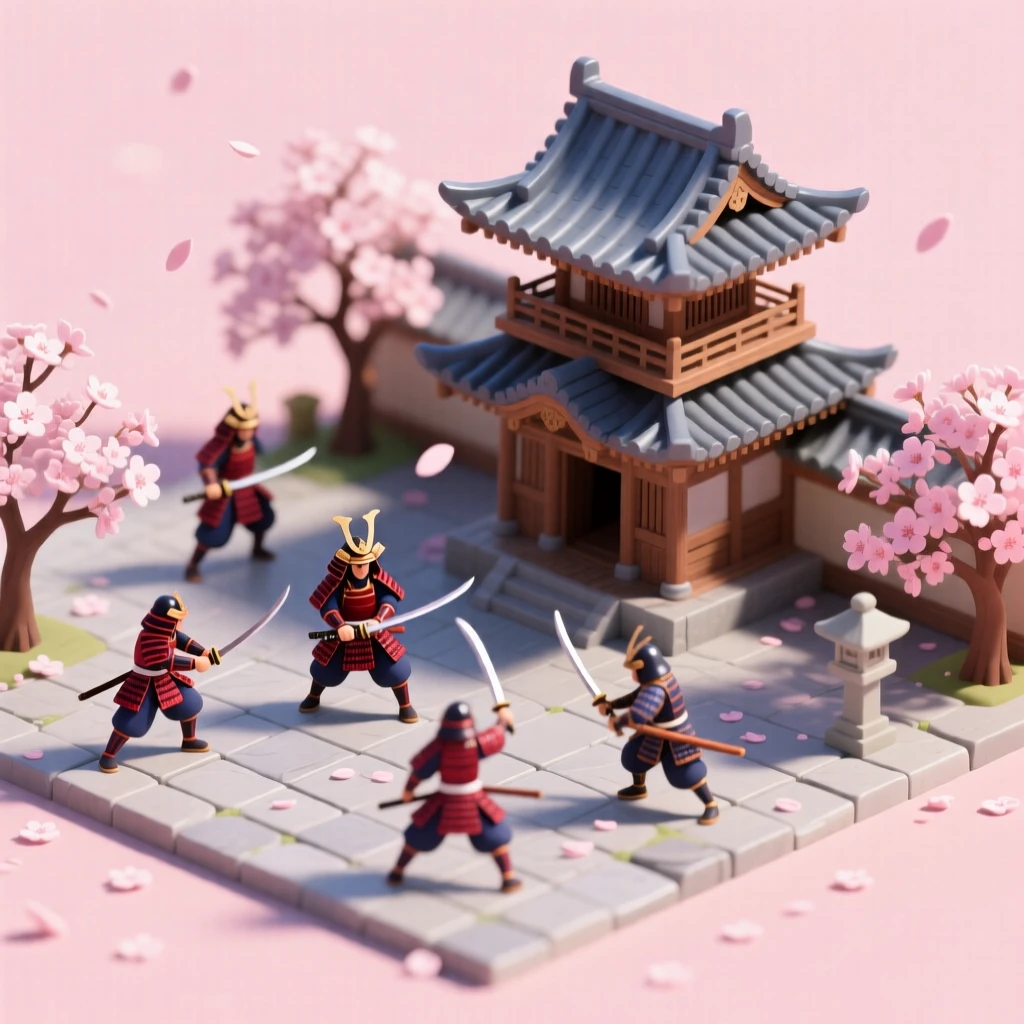 A samurai village during cherry blossom season, warriors training in a courtyard beneath a pagoda's curved roof.