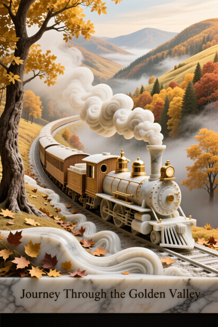A vivid, emotionally rich scene of a train winding through a golden autumn valley, amid swirling clouds and mist, designed to captivate and inspire