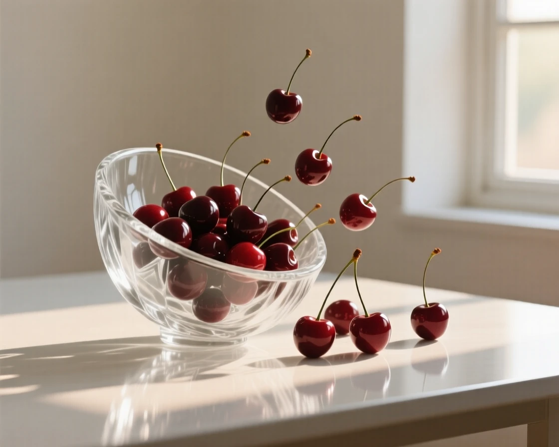 A bowl of cherries spilling gently across a table while a warm breeze drifts through a nearby open window
