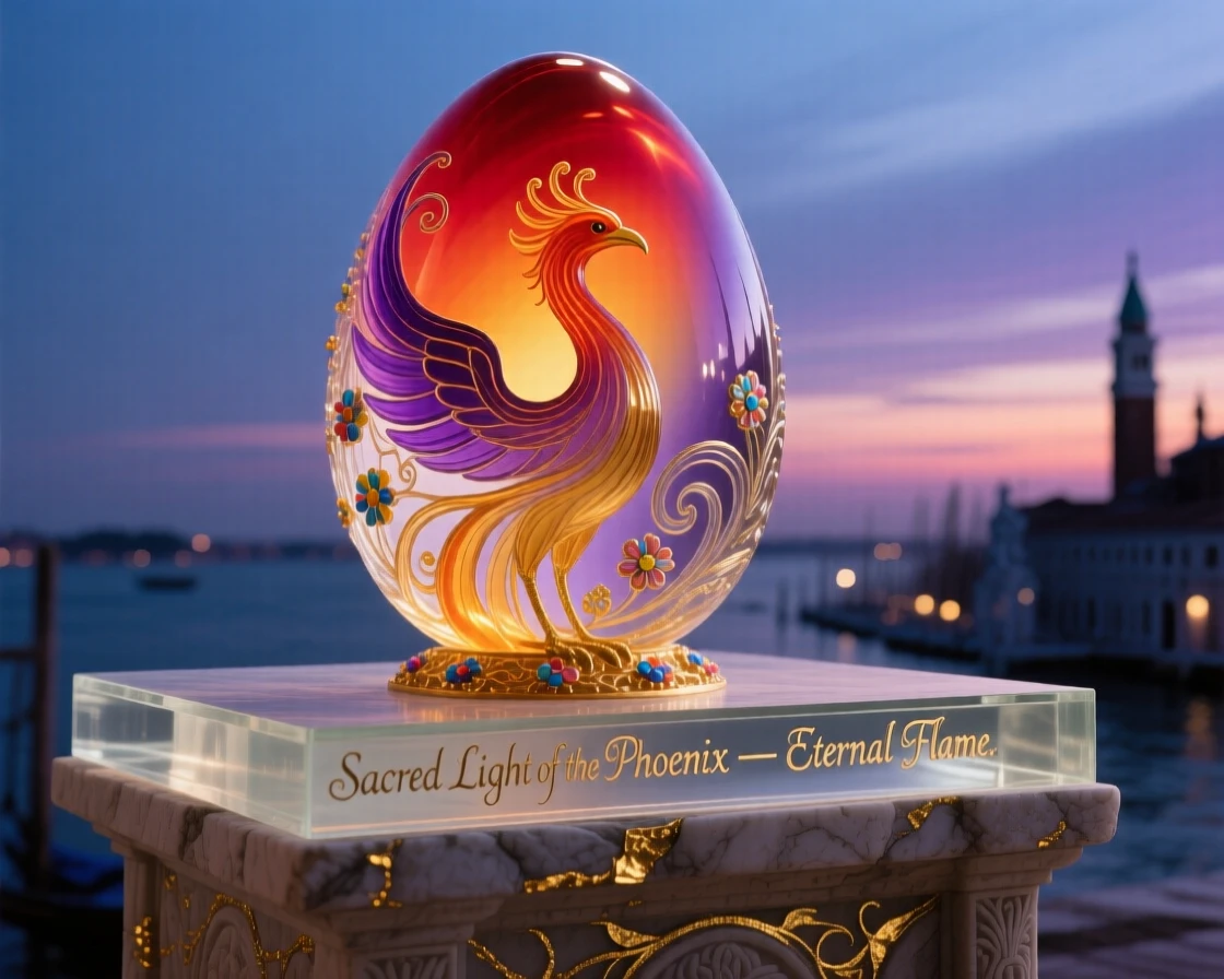 A grand phoenix egg glowing softly atop an ancient altar at the height of dusk, sacred and mysterious.