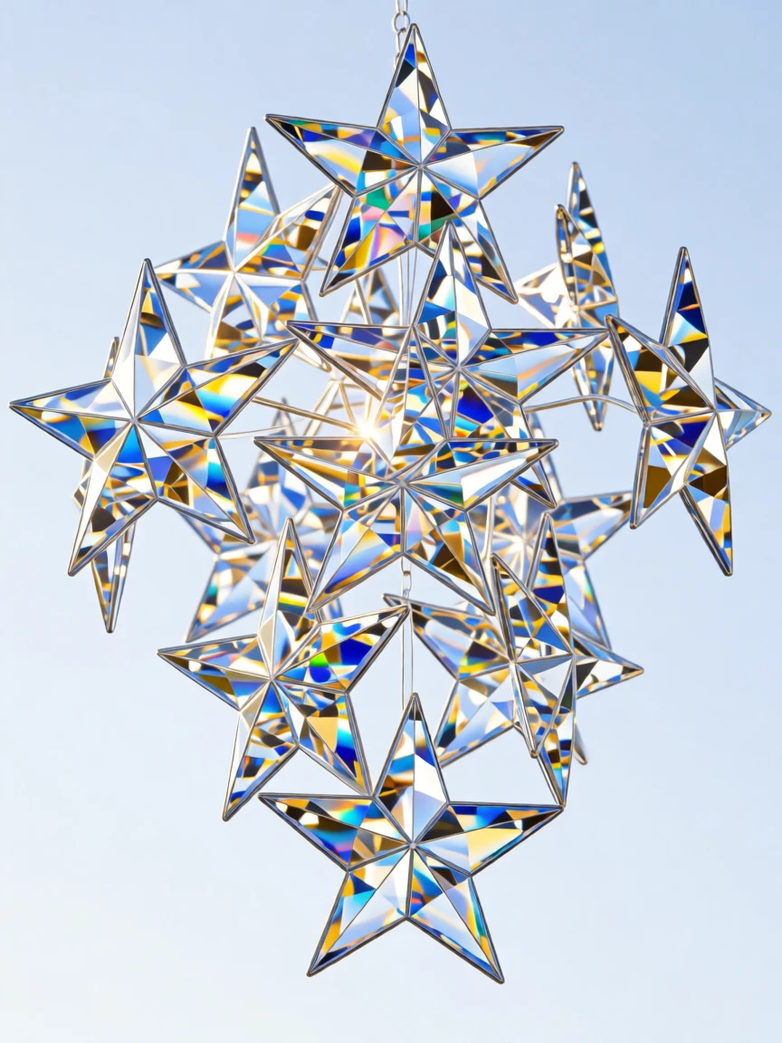 A dreamlike chandelier made of crystallized stars hanging in an open sky.