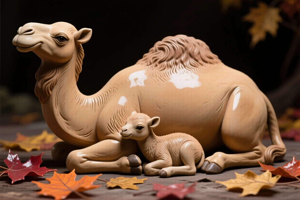 A camel resting in the shade curled protectively around its young, framed by scattered autumn leaves, radiating warmth and tender innocence.