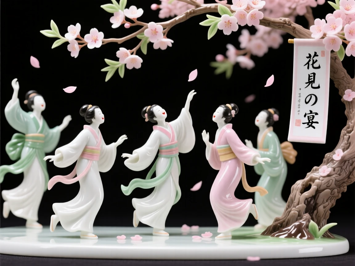 A vibrant Japanese cherry blossom hanami celebration, captured mid-motion with dynamic energy.