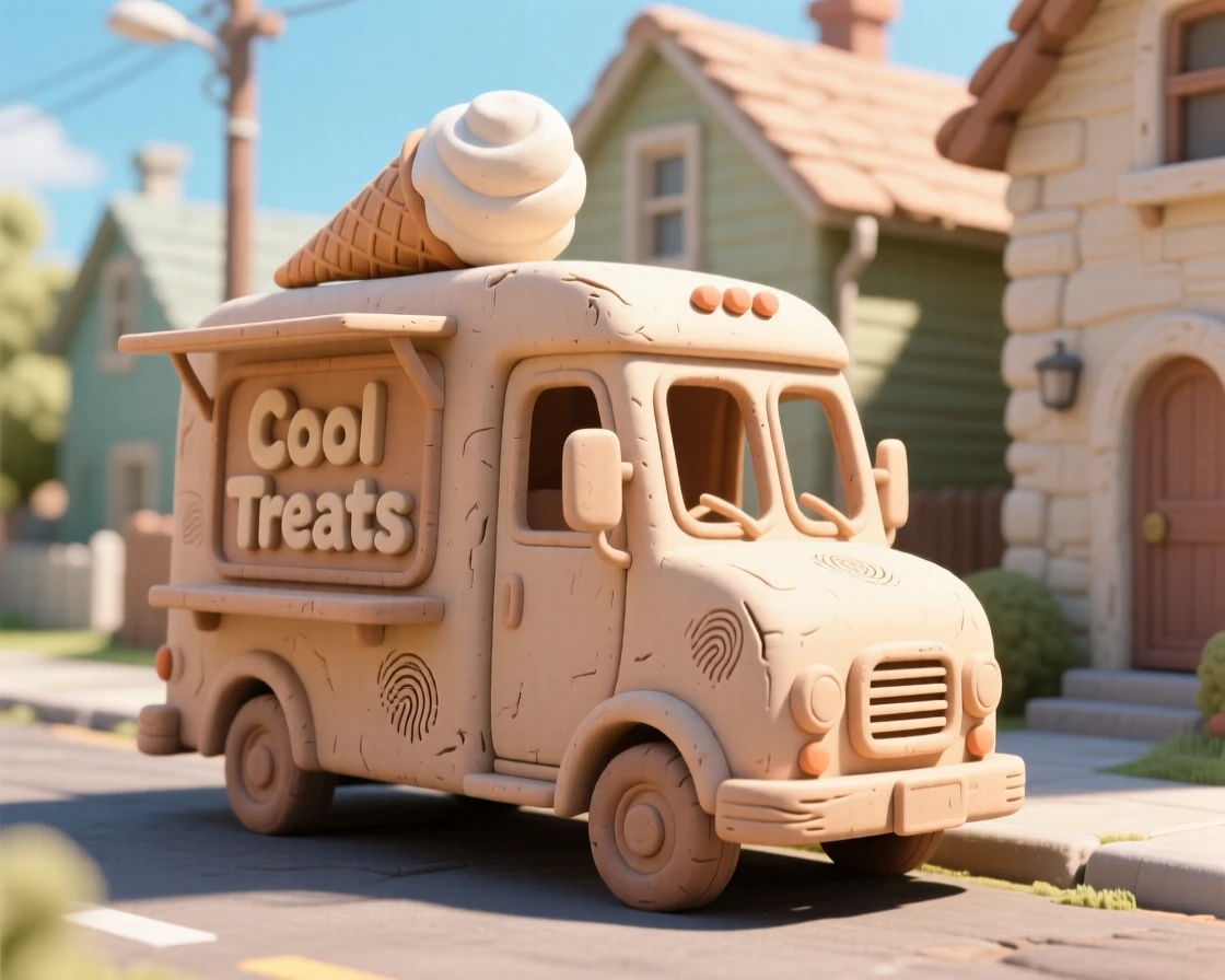 A summer ice cream truck parked on a sunny neighborhood street