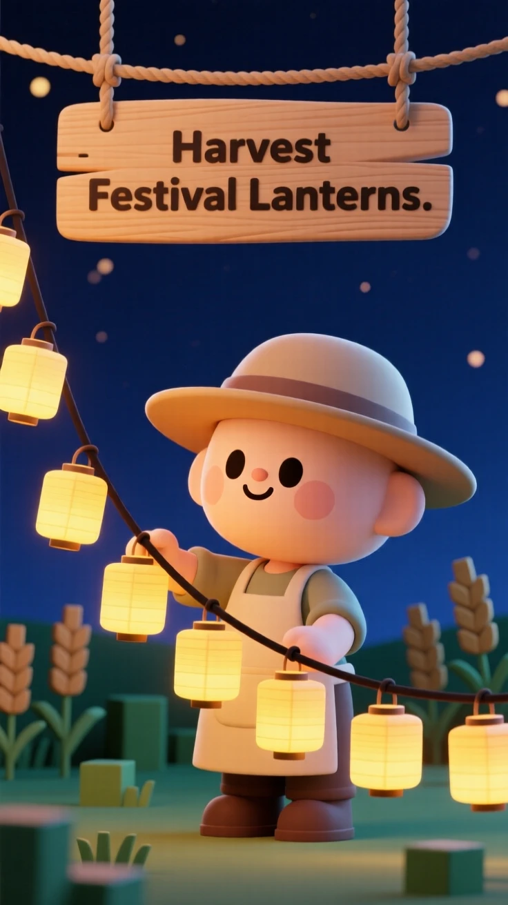 A festive lantern maker strings together dozens of glowing paper lanterns for a nighttime harvest celebration.