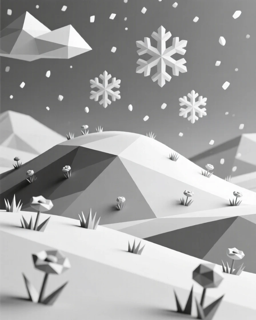 A rolling hillside covered in wildflowers, beneath a blanket of soft snowfall. the composition uses a wide, sweeping perspective. The view feels timeless and untouched.