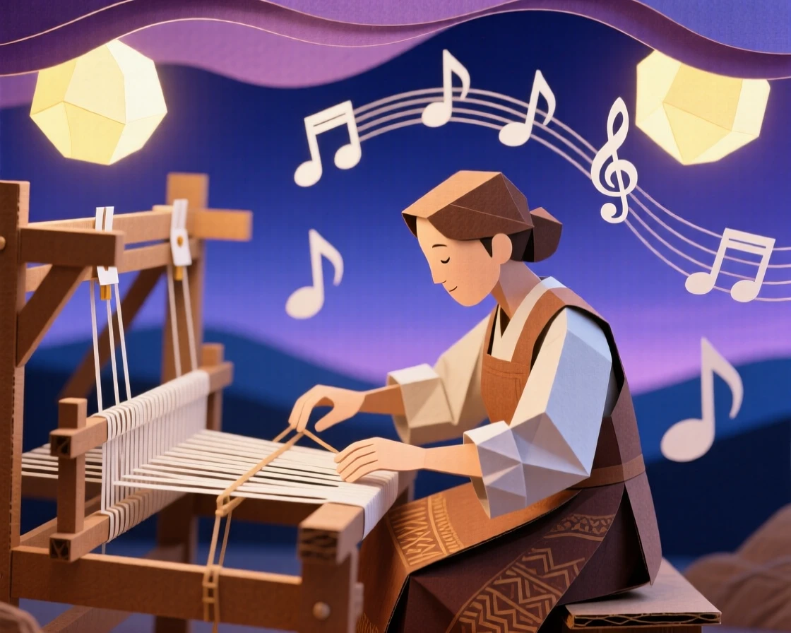 An artisan textile weaver filling a twilight sky with soft glowing light, with rhythmic music filling the air, evoking deep cultural heritage and pride.