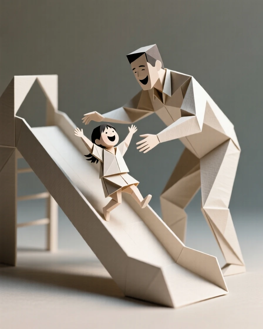 A father catching his child at the bottom of a slide, both laughing together.