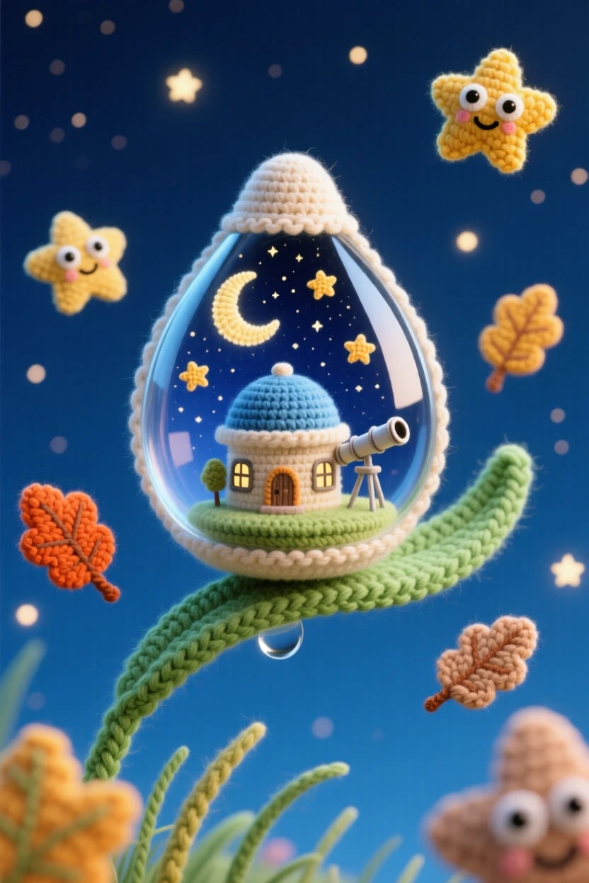 a tiny observatory built inside a giant dewdrop, reflecting the whole night sky, is shown resting on a single blade of grass, drifting through a sky scattered with stars, surrounded by a soft breeze carrying tiny leaves, radiating quiet delight in an impossible little world.