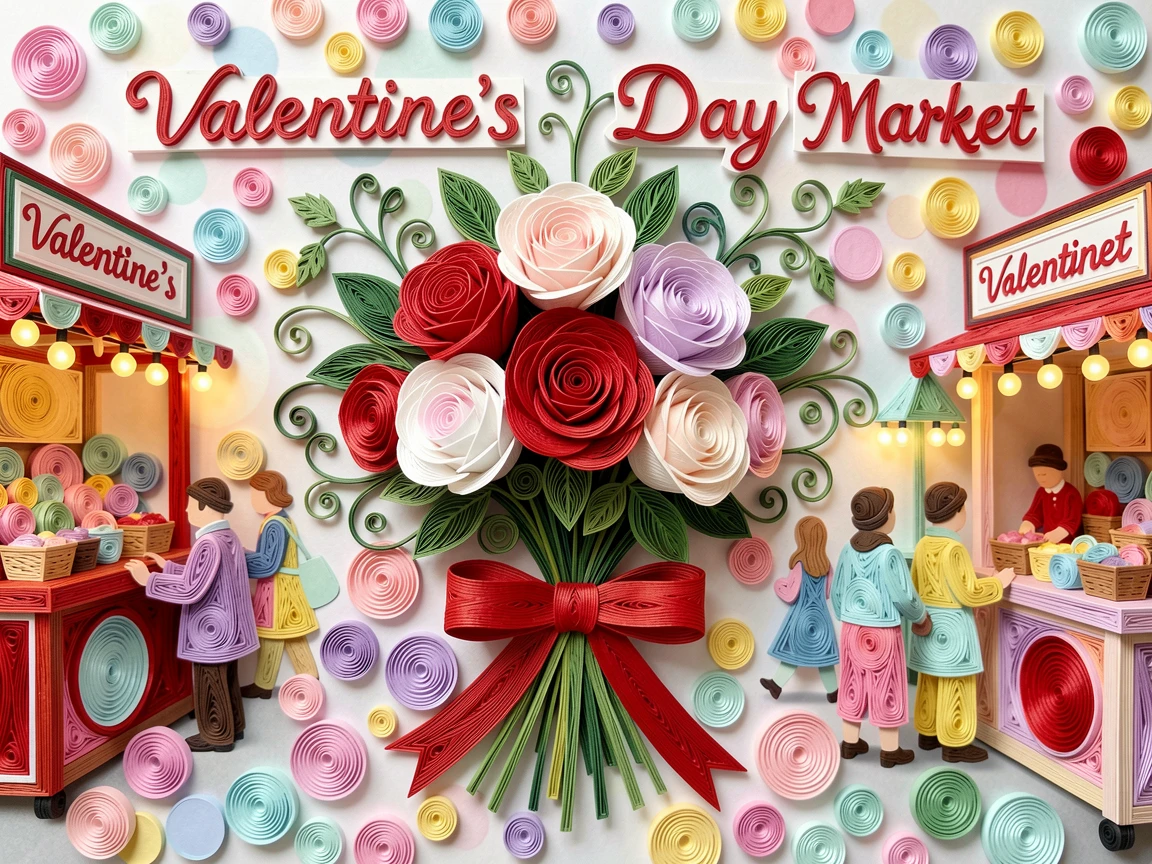 A festive holiday scene of a Valentine's Day bouquet of roses tied with a red ribbon in a bustling holiday market filled with twinkling lights, in bright cheerful pastel spring colors, captured with festive bokeh lights in the background.