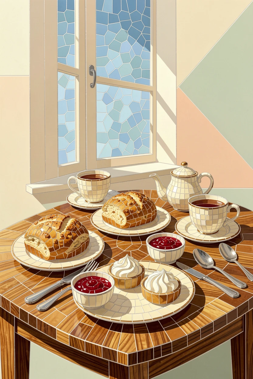 A traditional afternoon tea spread with scones, jam, and clotted cream, styled beautifully with warm natural window light.