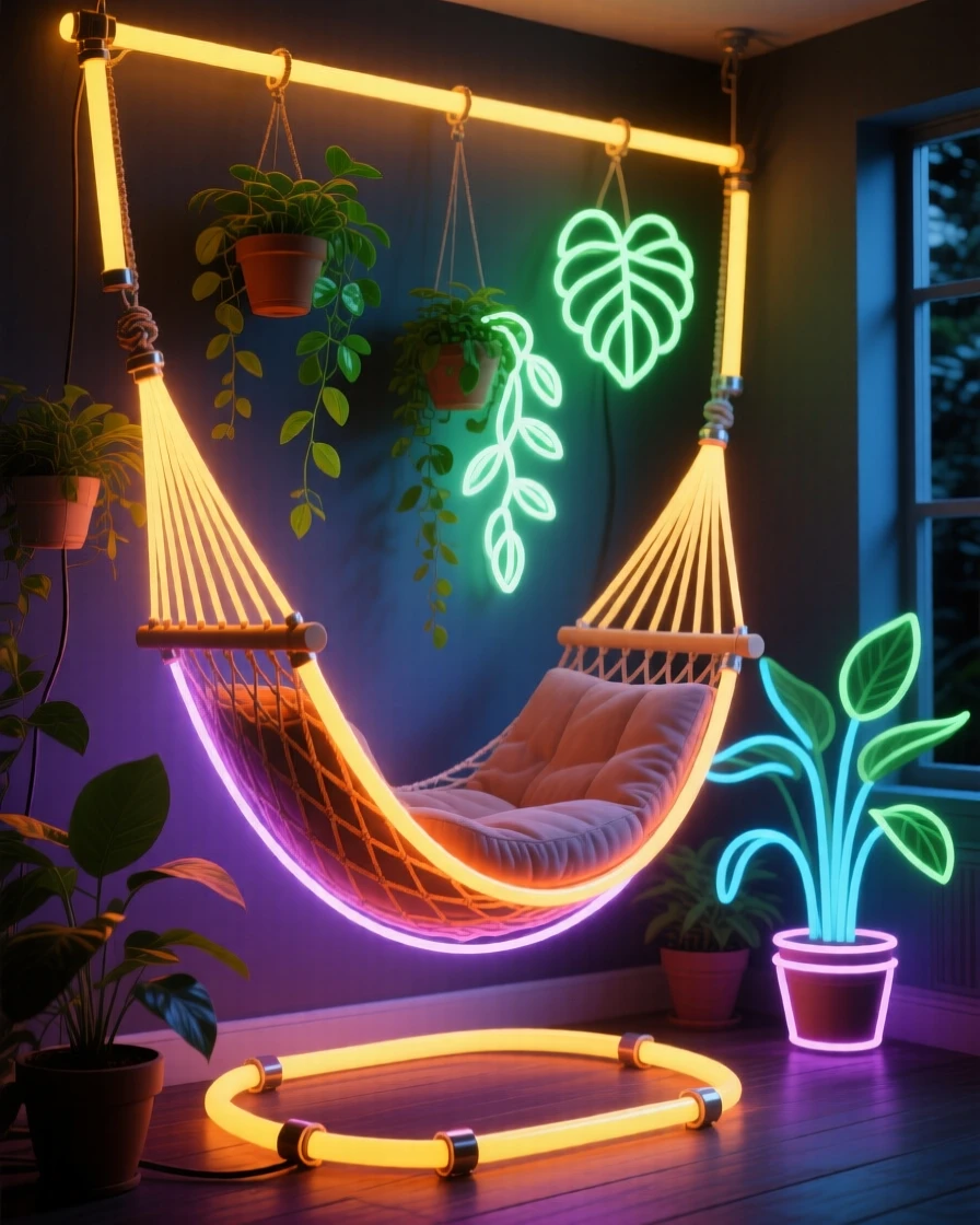 A sunroom filled with hanging plants and a hammock chair.
