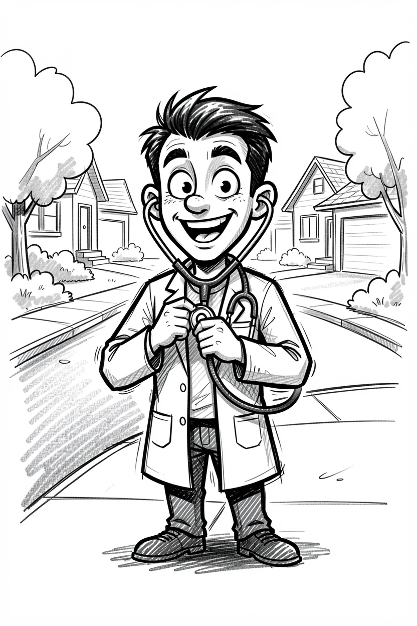 A doctor listening to a heartbeat with a stethoscope along a quiet residential street.