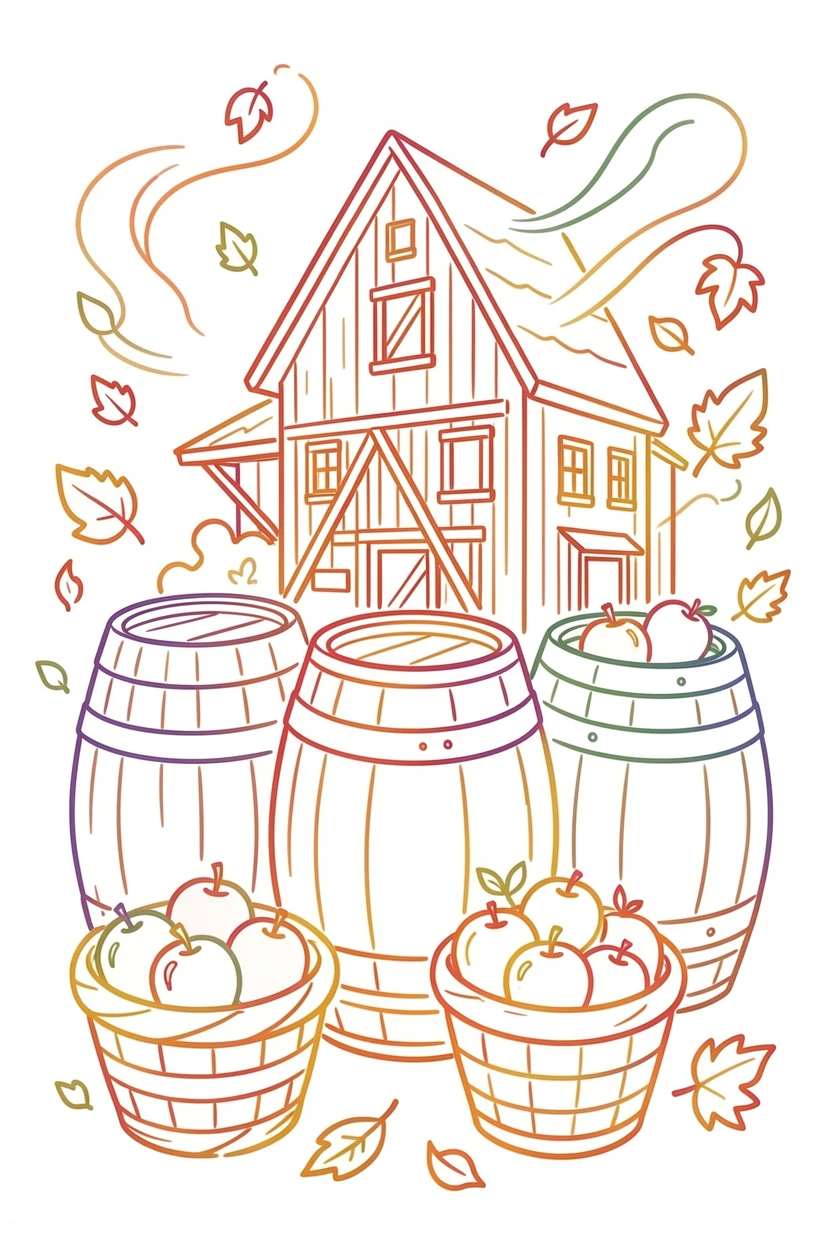 An autumn cider mill scene with wooden barrels and baskets of apples.
