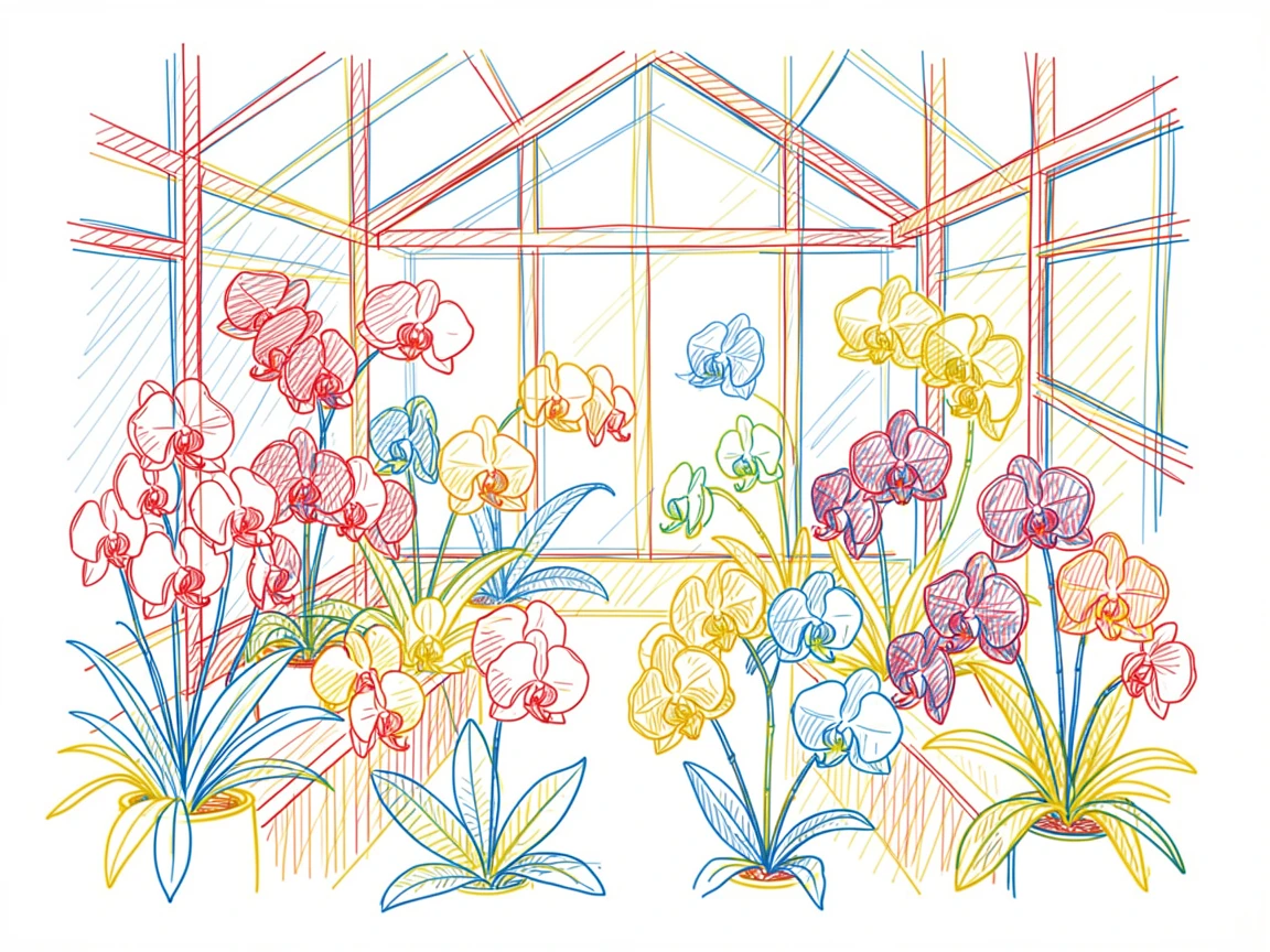 A greenhouse filled with exotic orchids in every imaginable color