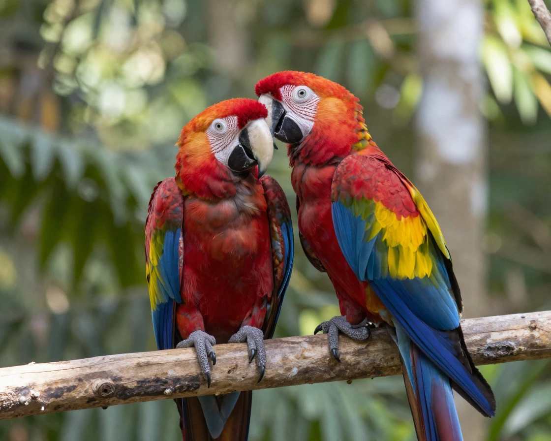 A scarlet macaw pair perched together on a branch