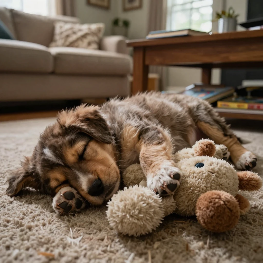 A puppy falls asleep mid-play, sprawled across its favorite toy.