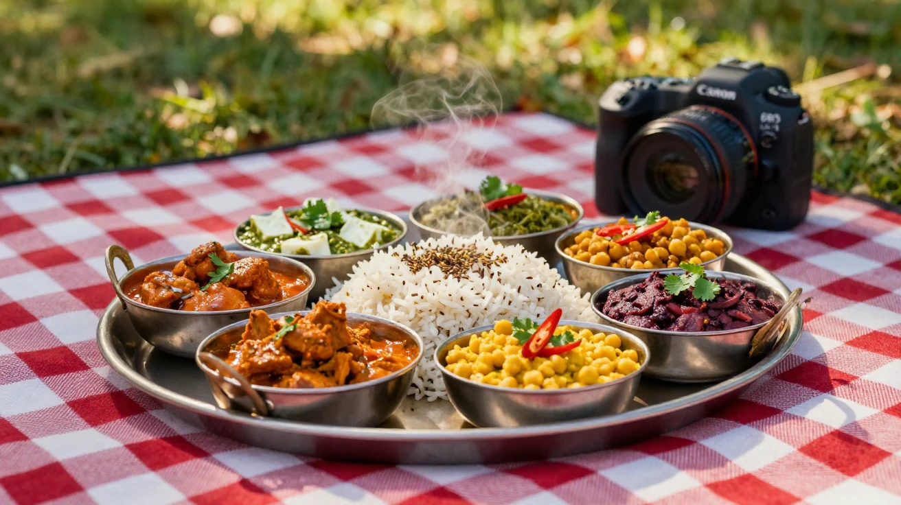 A tray of colorful spiced curries and fluffy rice, ready to be shared, on a checkered picnic blanket