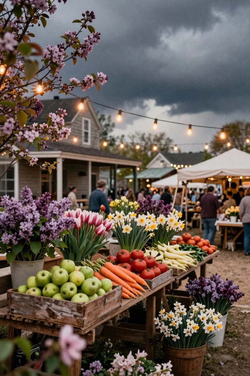 A rustic village market filled with fresh produce and flowers, under strings of warm string lights, under a darkening storm sky, as spring blossoms unfurl, in dusty lavender and rose tones, peering through foliage in the foreground.