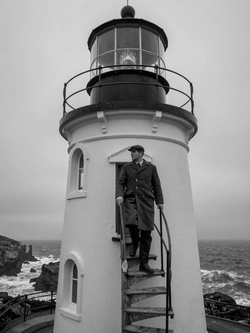 A lighthouse keeper climbs the spiral stairs to check the lamp atop a remote coastal cliff.