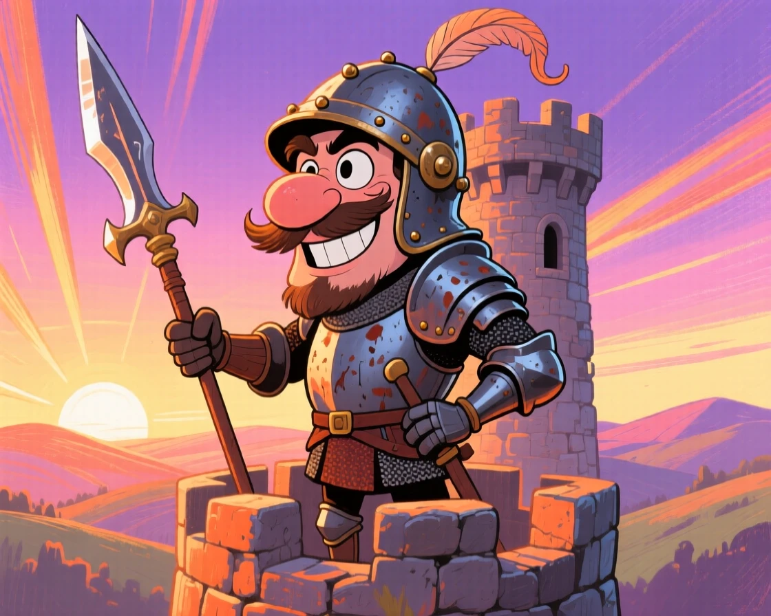 A medieval castle guard standing watch atop a tower as the sun rises.