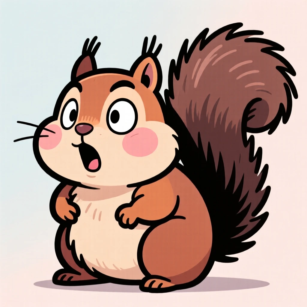 A charming animal moment featuring a chubby squirrel reacting with wide-eyed surprise to something offscreen, with feathers or fur puffed out dramatically.
