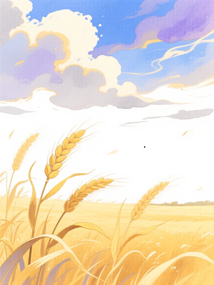 A serene landscape of a golden wheat field swaying under a dramatic sky wrapped in gentle mist