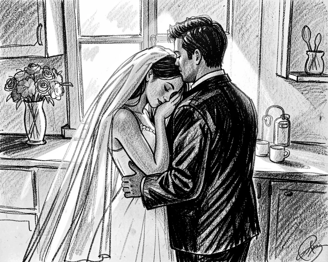 A bride resting their head on a partner's shoulder, in a sunlit kitchen.
