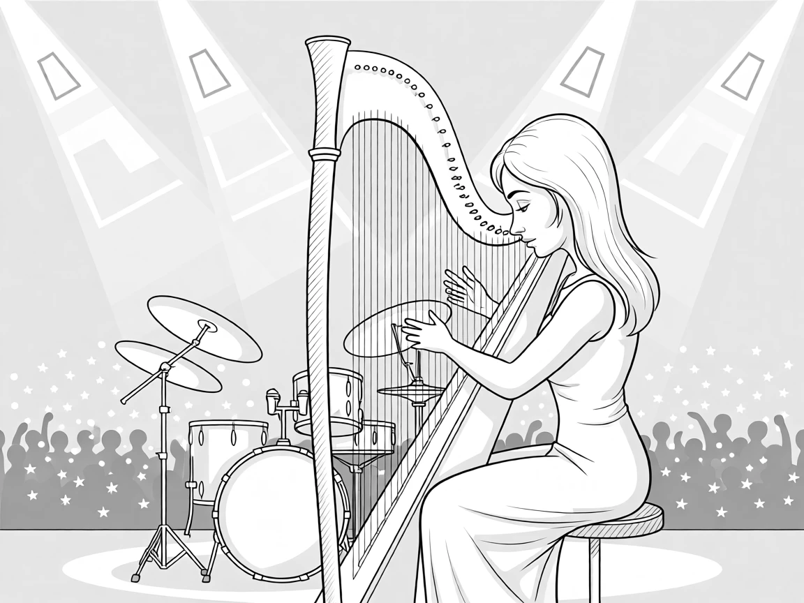 A harpist plucking strings with delicate, focused precision, plucking with fingers moving faster than the eye can follow, set behind a gleaming drum kit under stage lights. The crowd's phone lights twinkle like stars. It captures the pure ecstasy of a performance in full swing.