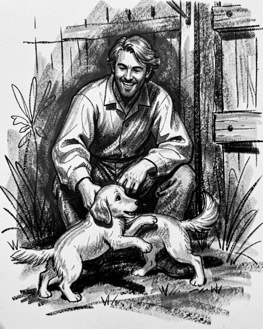 A shepherd playing with a puppy in the garden, backstage before a performance.