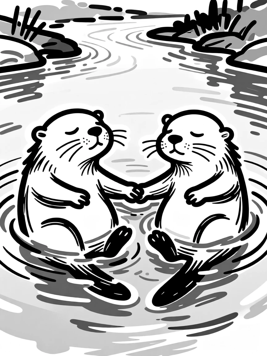 A pair of otters holding hands while floating asleep on a calm river.
