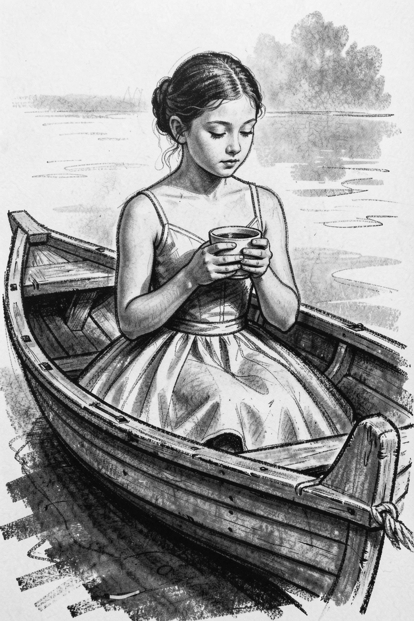 A young ballerina holding a cup of tea with both hands, lost in memory, in an old wooden rowboat.